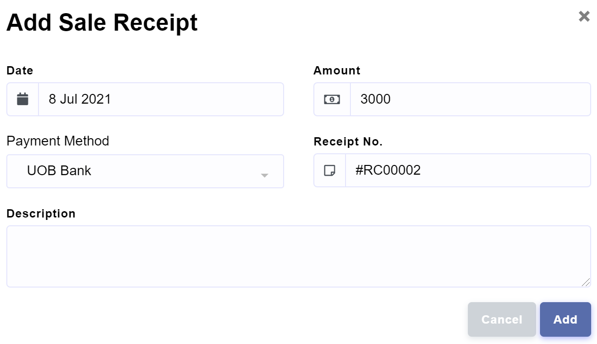 Income > Sale Invoice > Add Sale Receipt